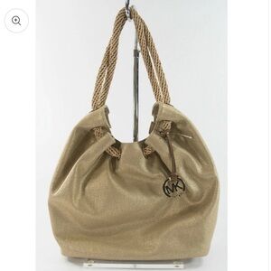 Michael Kors Marina Gathered Drawstring Gold Metallic Shimmer Hobo Shoulder Bag.
